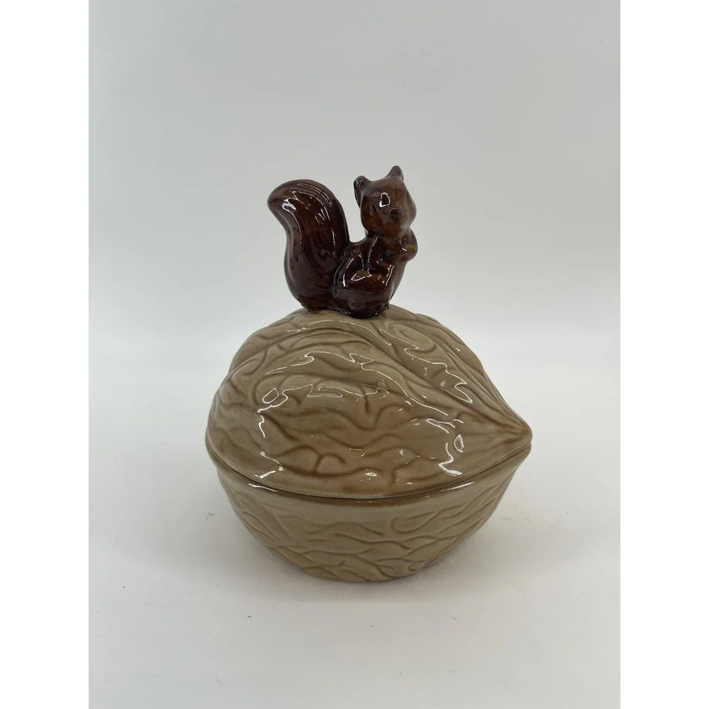 Ceramic Squirrel On Creme Acorn Walnut Candy Dish Nut Bowl Serving Jar Vintage